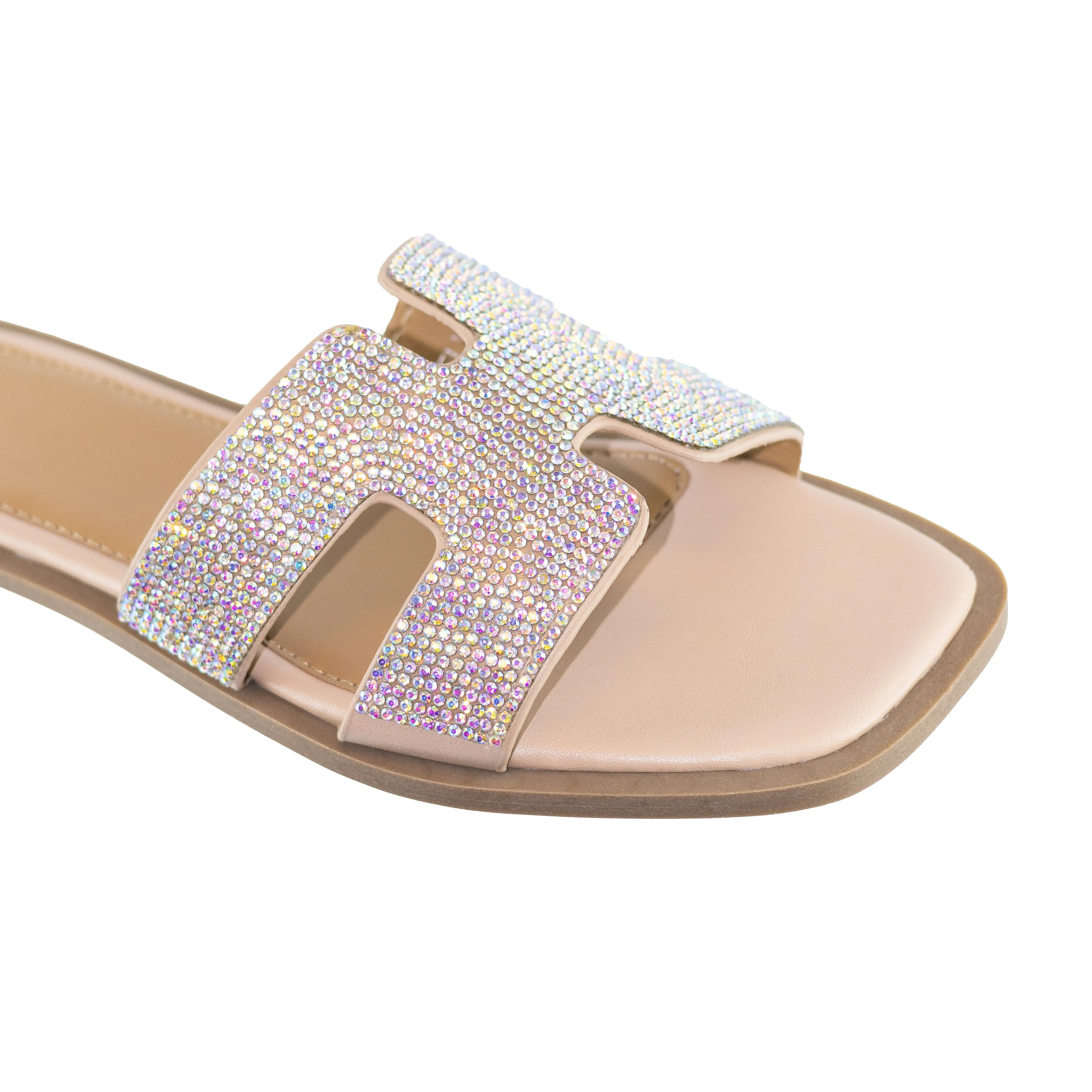 Agate - Embellished Slip-On Flat Sandals, Open Square Toe & Lightweight Design, Stylish Summer Footwear, Perfect for Casual or Beach Outings