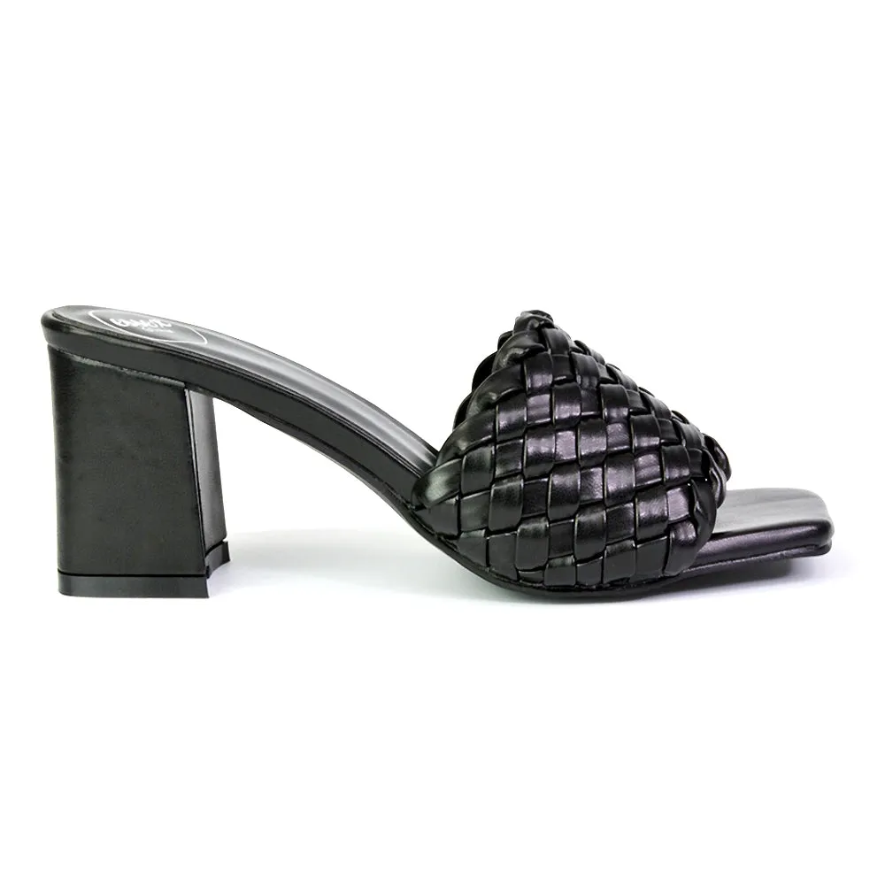 Aries Slip On Low Block Heel Sandals Square Toe Woven Mules In Green