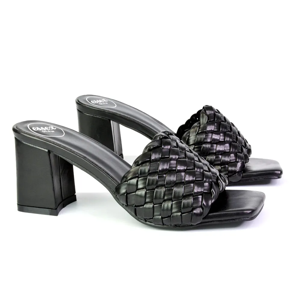 Aries Slip On Low Block Heel Sandals Square Toe Woven Mules In Green