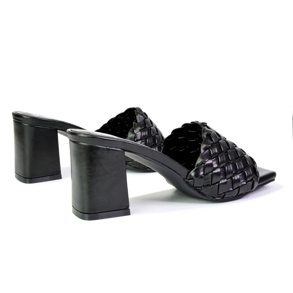 Aries Slip On Low Block Heel Sandals Square Toe Woven Mules In Green