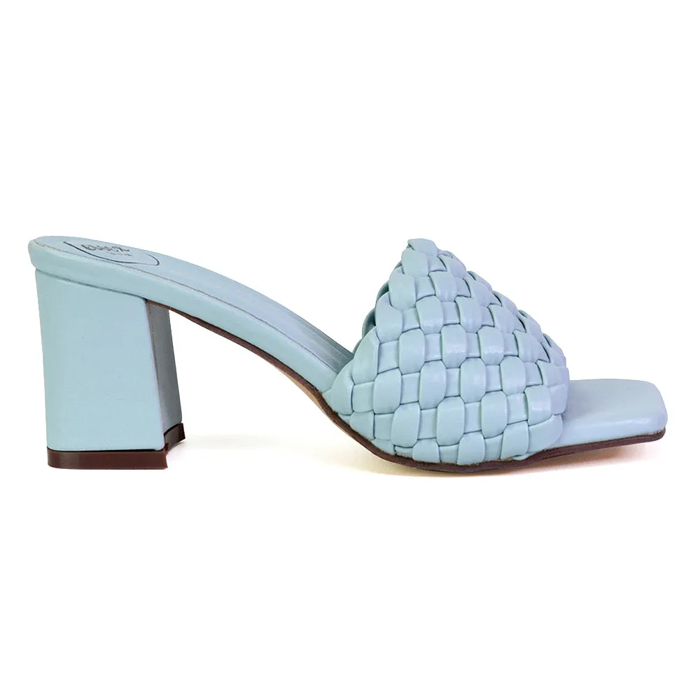 Aries Slip On Low Block Heel Sandals Square Toe Woven Mules In Green