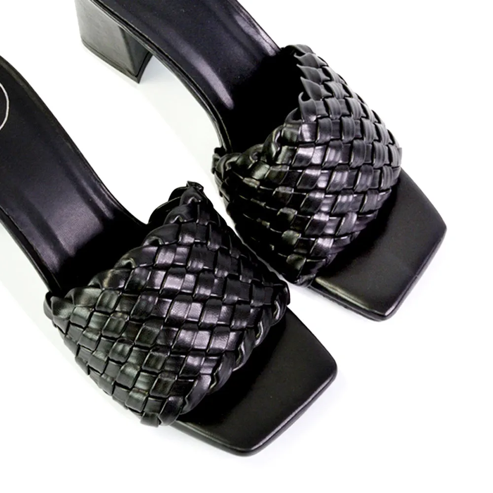 Aries Slip On Low Block Heel Sandals Square Toe Woven Mules In Green
