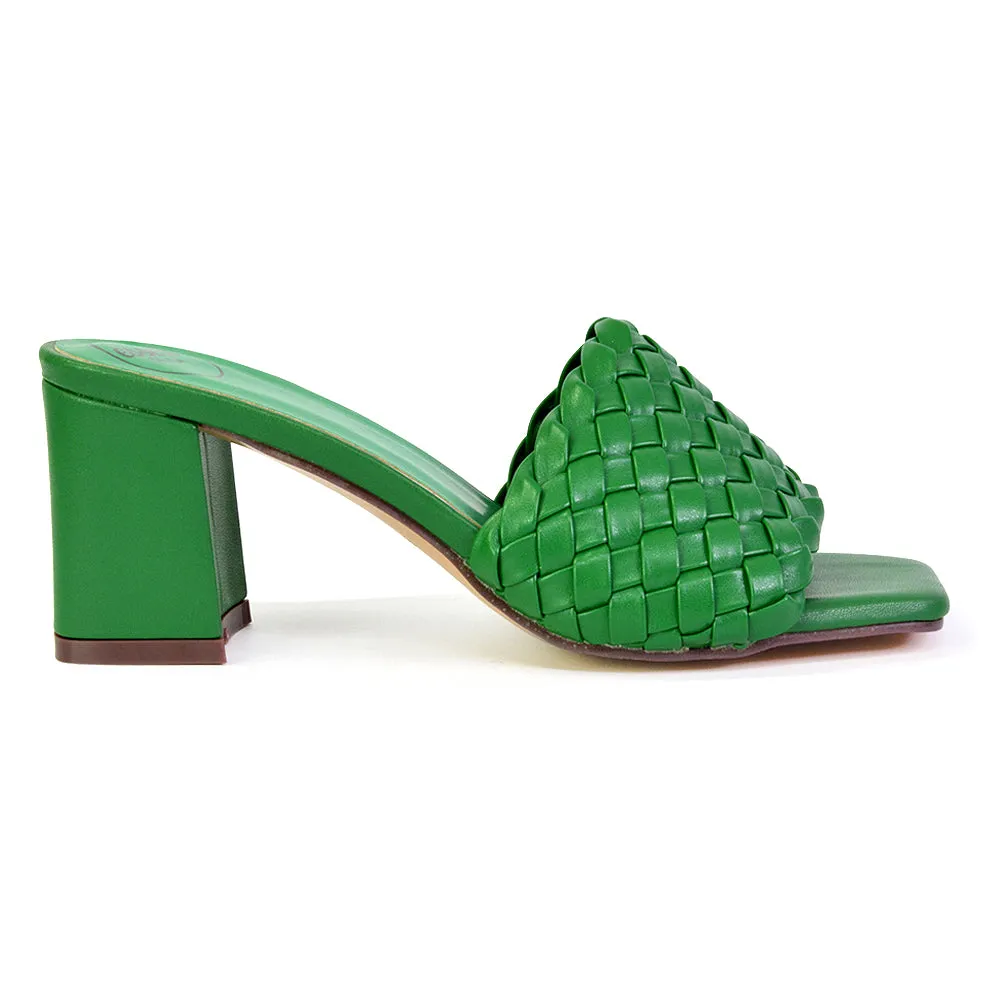Aries Slip On Low Block Heel Sandals Square Toe Woven Mules In Green
