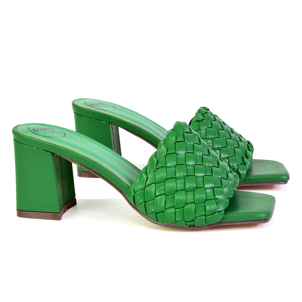 Aries Slip On Low Block Heel Sandals Square Toe Woven Mules In Green