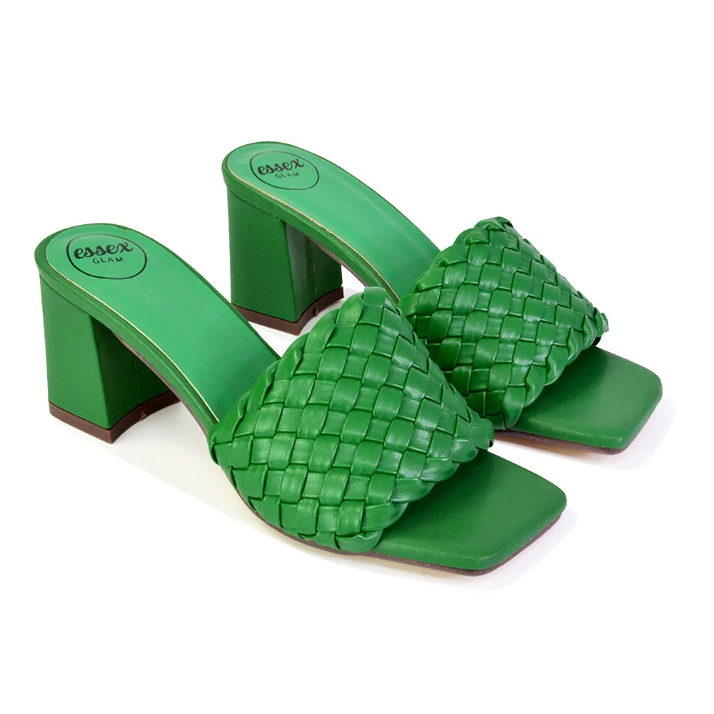 Aries Slip On Low Block Heel Sandals Square Toe Woven Mules In Green