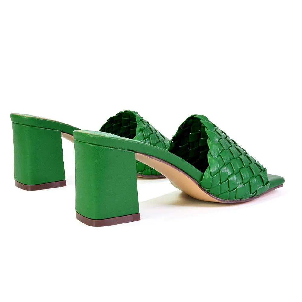 Aries Slip On Low Block Heel Sandals Square Toe Woven Mules In Green