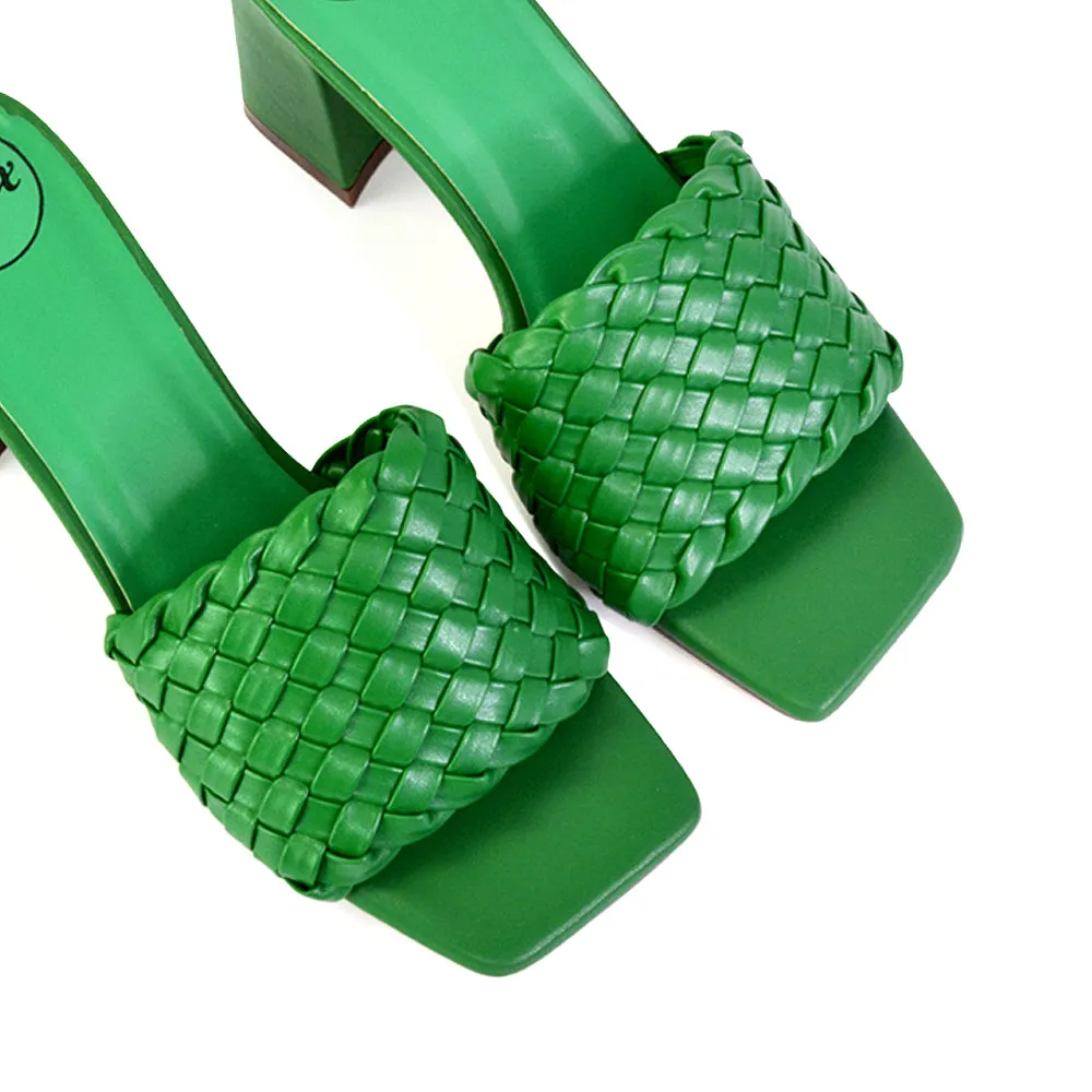 Aries Slip On Low Block Heel Sandals Square Toe Woven Mules In Green