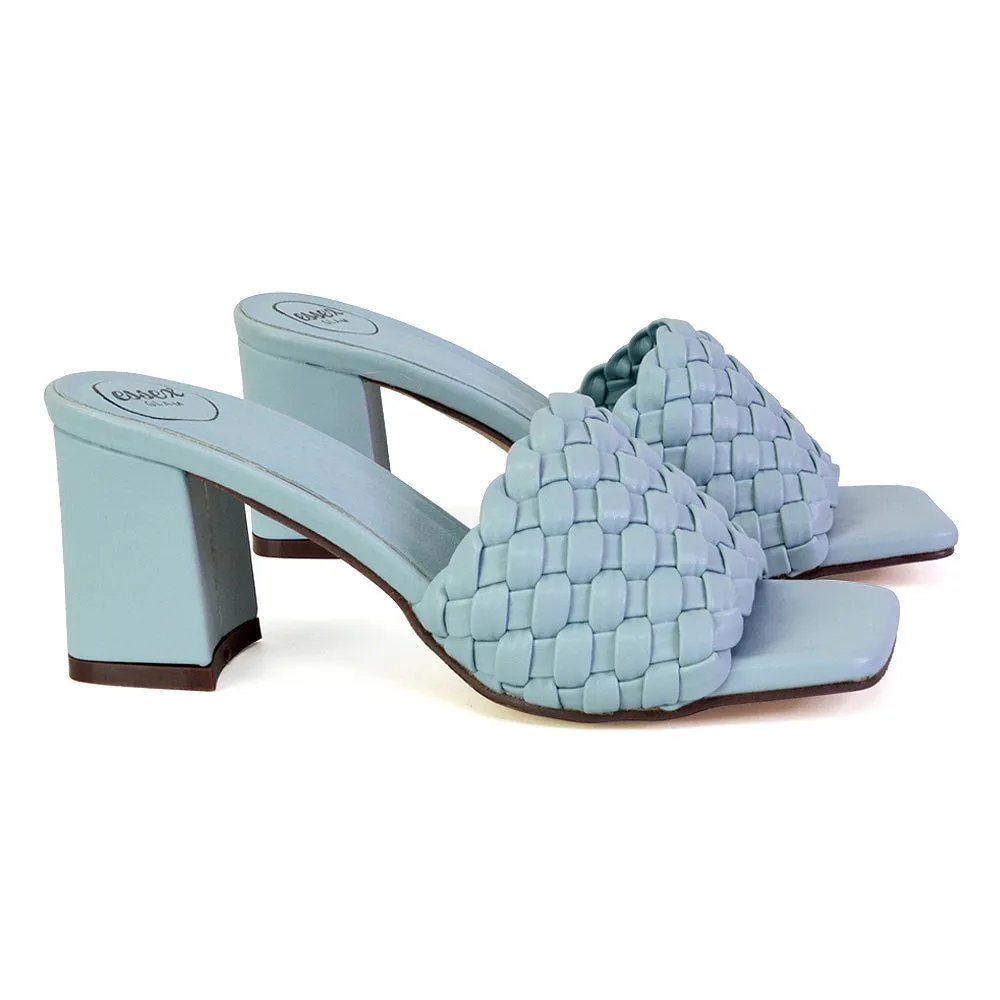 Aries Slip On Low Block Heel Sandals Square Toe Woven Mules In Green