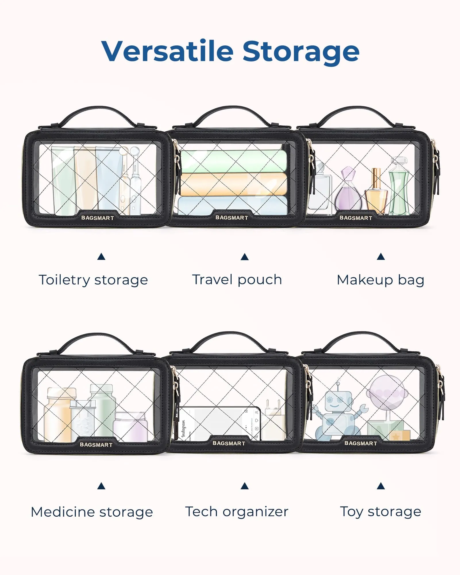 BAGSMART TSA Approved Toiletry Bag, Clear Makeup Bag Travel Toiletry Bag, 2-Piece Set Quart Size Waterproof PVC Leather Cosmetic Bags, Make Up Organizers Gift for Women Car Accessories Brushes, Pink