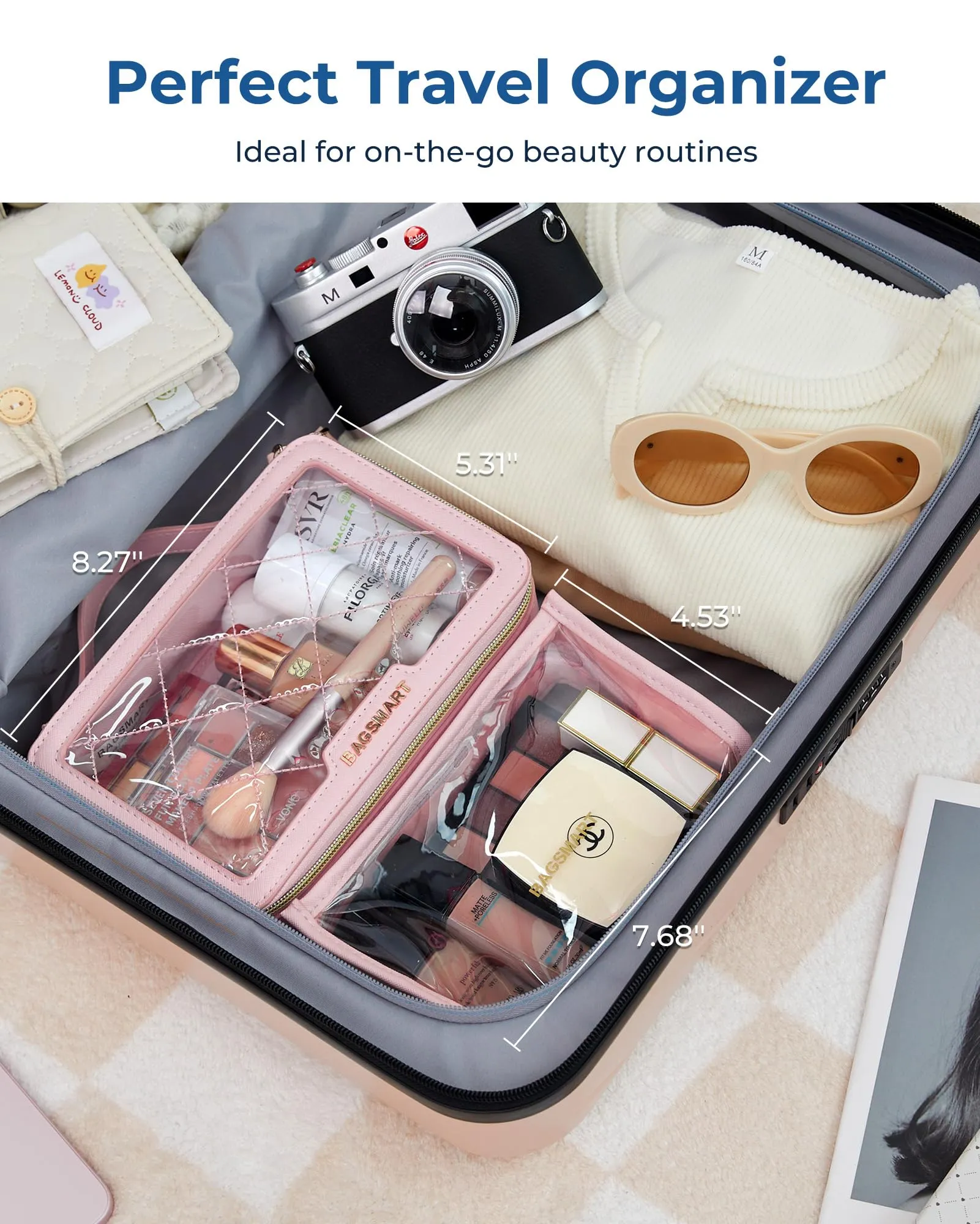 BAGSMART TSA Approved Toiletry Bag, Clear Makeup Bag Travel Toiletry Bag, 2-Piece Set Quart Size Waterproof PVC Leather Cosmetic Bags, Make Up Organizers Gift for Women Car Accessories Brushes, Pink