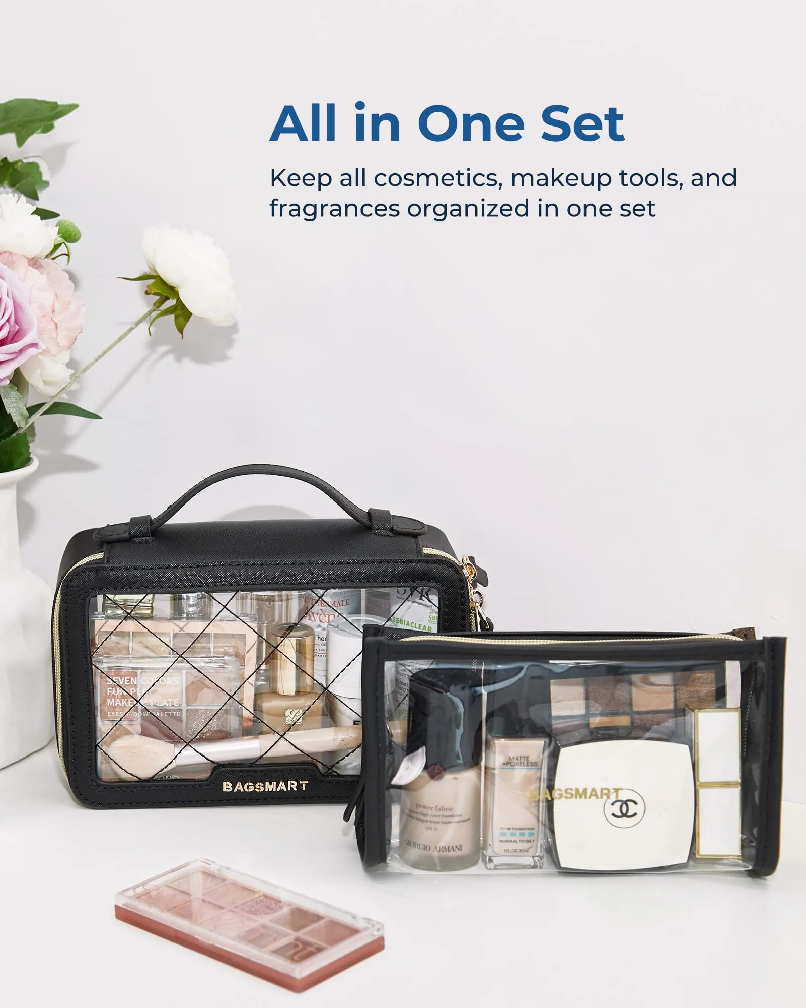 BAGSMART TSA Approved Toiletry Bag, Clear Makeup Bag Travel Toiletry Bag, 2-Piece Set Quart Size Waterproof PVC Leather Cosmetic Bags, Make Up Organizers Gift for Women Car Accessories Brushes, Pink