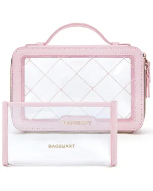 BAGSMART TSA Approved Toiletry Bag, Clear Makeup Bag Travel Toiletry Bag, 2-Piece Set Quart Size Waterproof PVC Leather Cosmetic Bags, Make Up Organizers Gift for Women Car Accessories Brushes, Pink