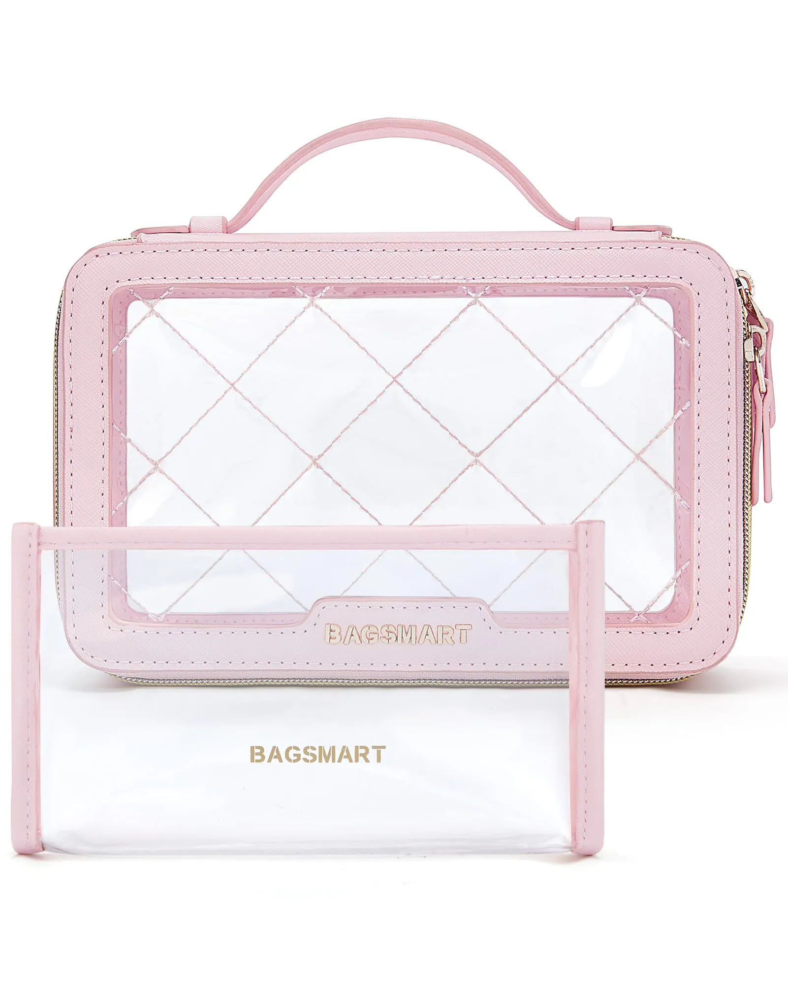 BAGSMART TSA Approved Toiletry Bag, Clear Makeup Bag Travel Toiletry Bag, 2-Piece Set Quart Size Waterproof PVC Leather Cosmetic Bags, Make Up Organizers Gift for Women Car Accessories Brushes, Pink