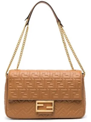 Baguette Chain Large Nappa Leather Shoulder Bag Brown