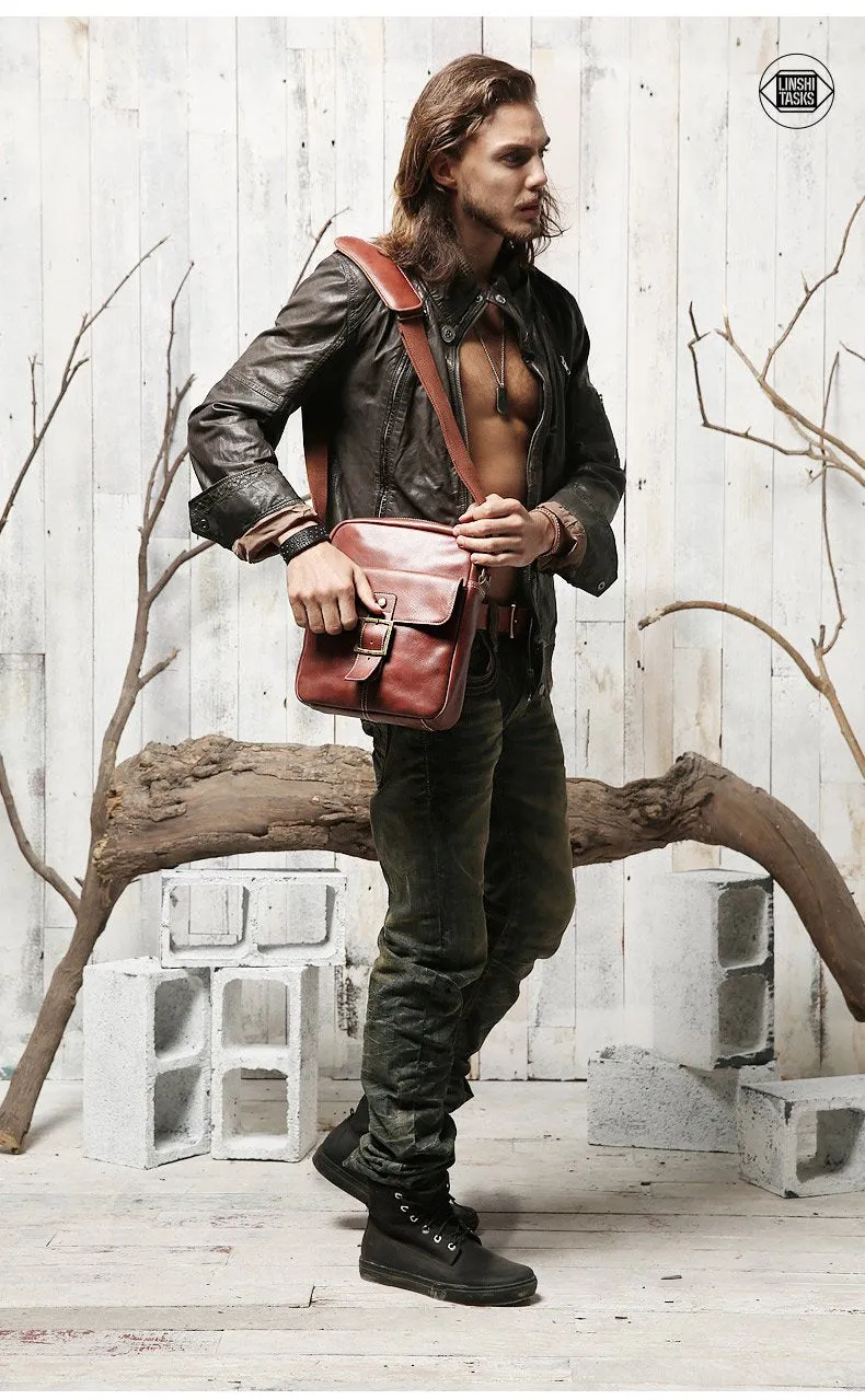 Brown Leather Mens Small Vertical Side Bag Messenger Bags Brown Casual Bicycle Bags for Men