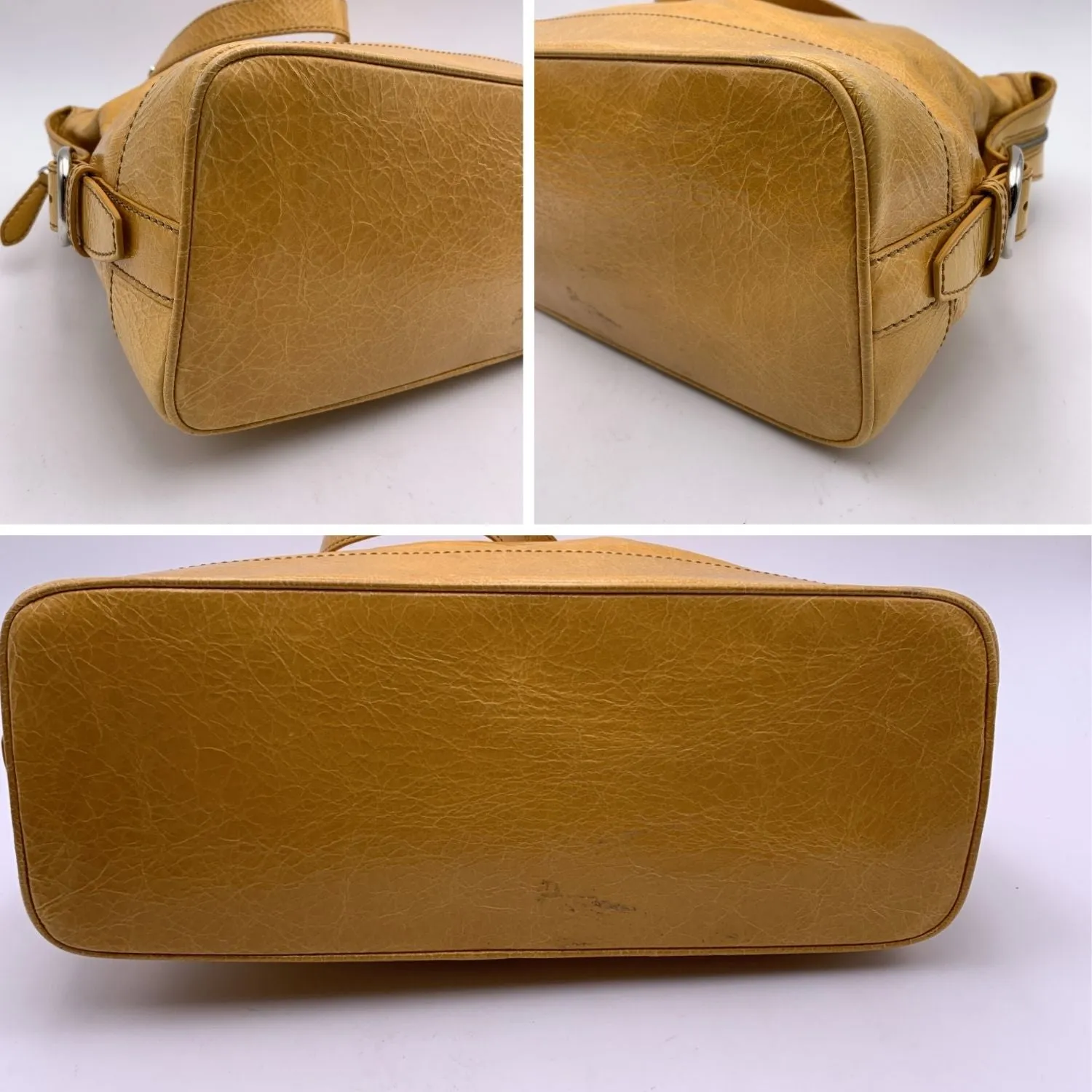 CELINE Yellow Mustard Crinkled Leather Tote Shoulder Bag