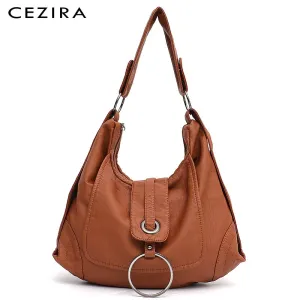 CEZIRA Vegan Leather Large Shoulder Bag Women Fashion Washed PU Handbag Metal Ring Flap Ladies Brand Design Tote Bag Female Bols