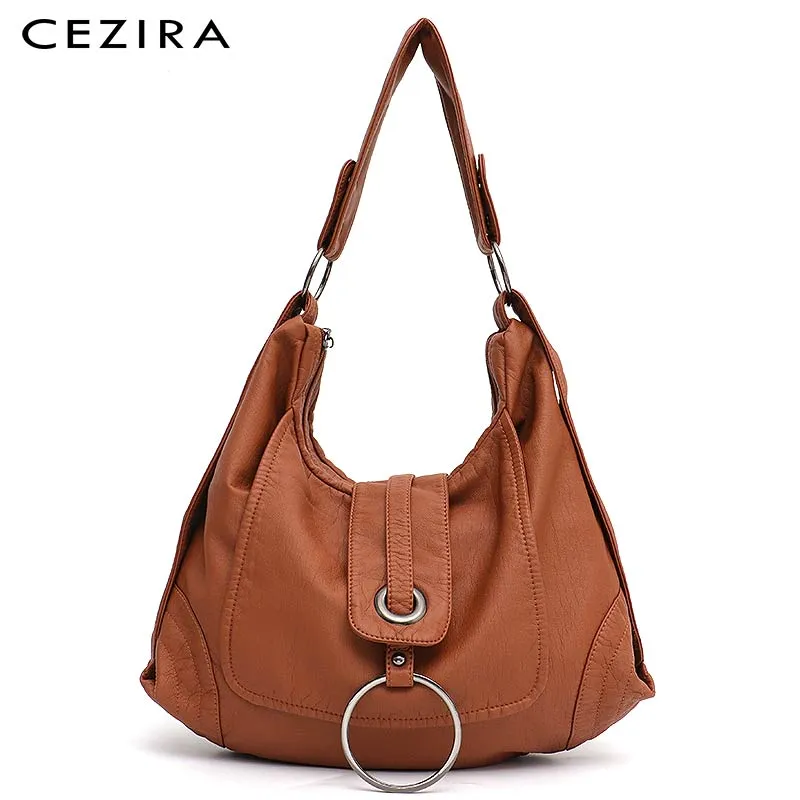 CEZIRA Vegan Leather Large Shoulder Bag Women Fashion Washed PU Handbag Metal Ring Flap Ladies Brand Design Tote Bag Female Bols
