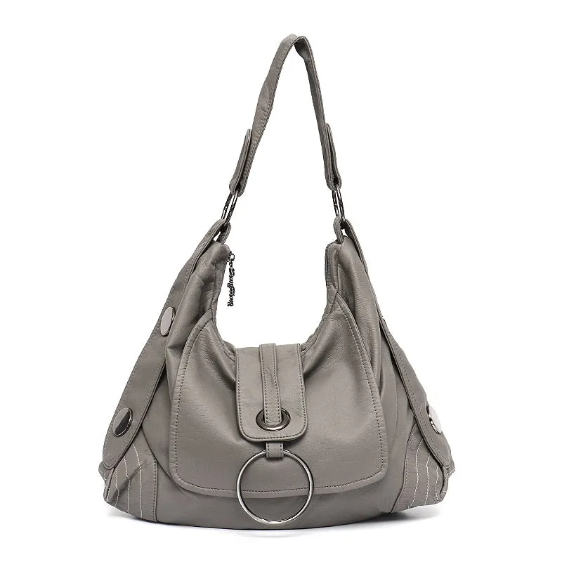 CEZIRA Vegan Leather Large Shoulder Bag Women Fashion Washed PU Handbag Metal Ring Flap Ladies Brand Design Tote Bag Female Bols
