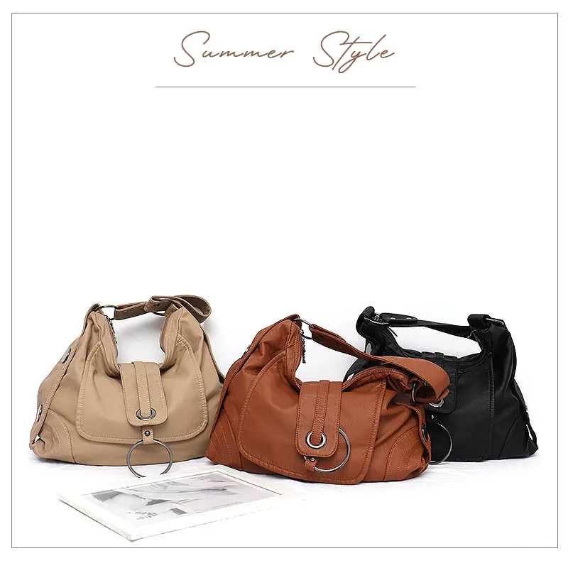 CEZIRA Vegan Leather Large Shoulder Bag Women Fashion Washed PU Handbag Metal Ring Flap Ladies Brand Design Tote Bag Female Bols