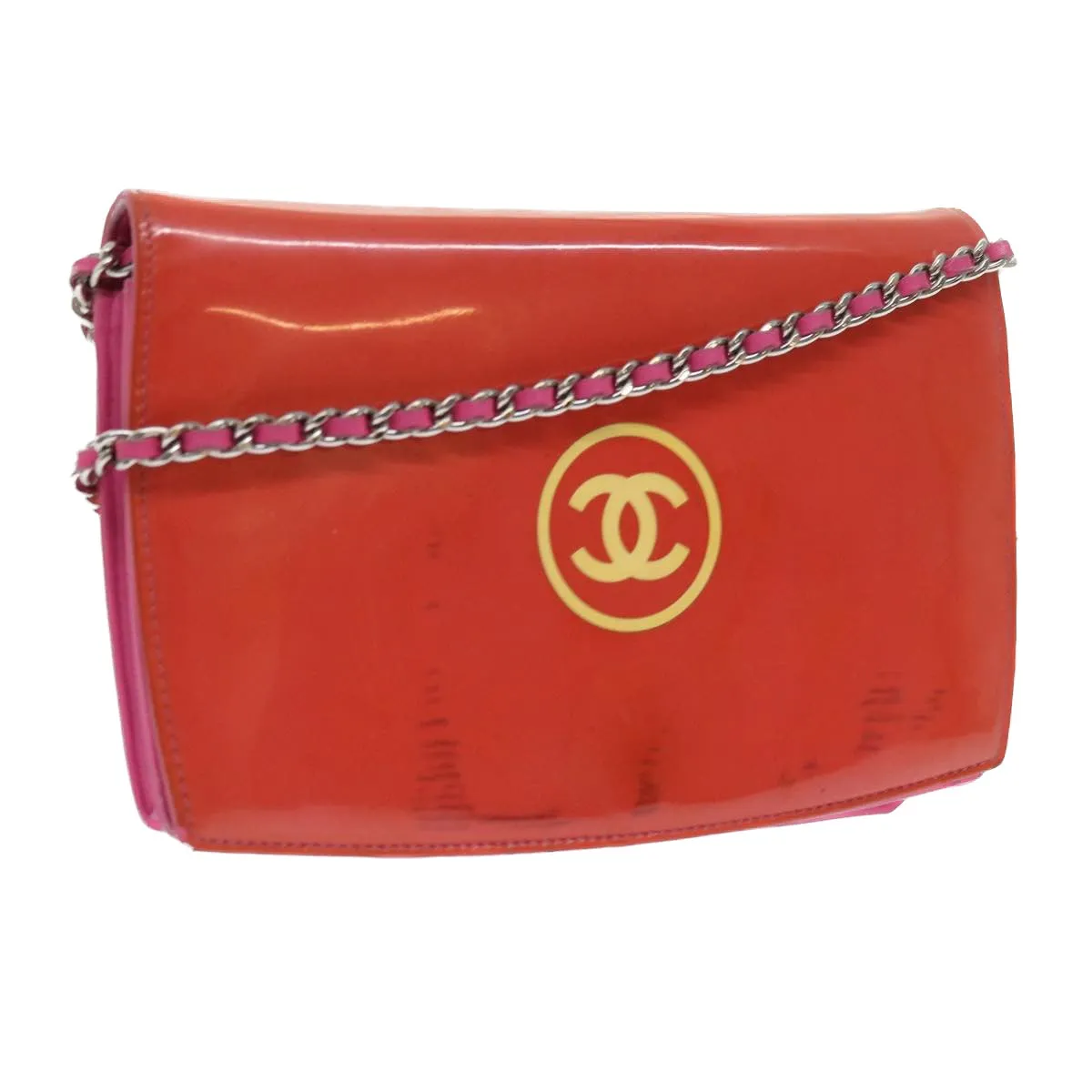 CHANEL Chain Shoulder Bag Patent leather Orange CC Auth bs8828