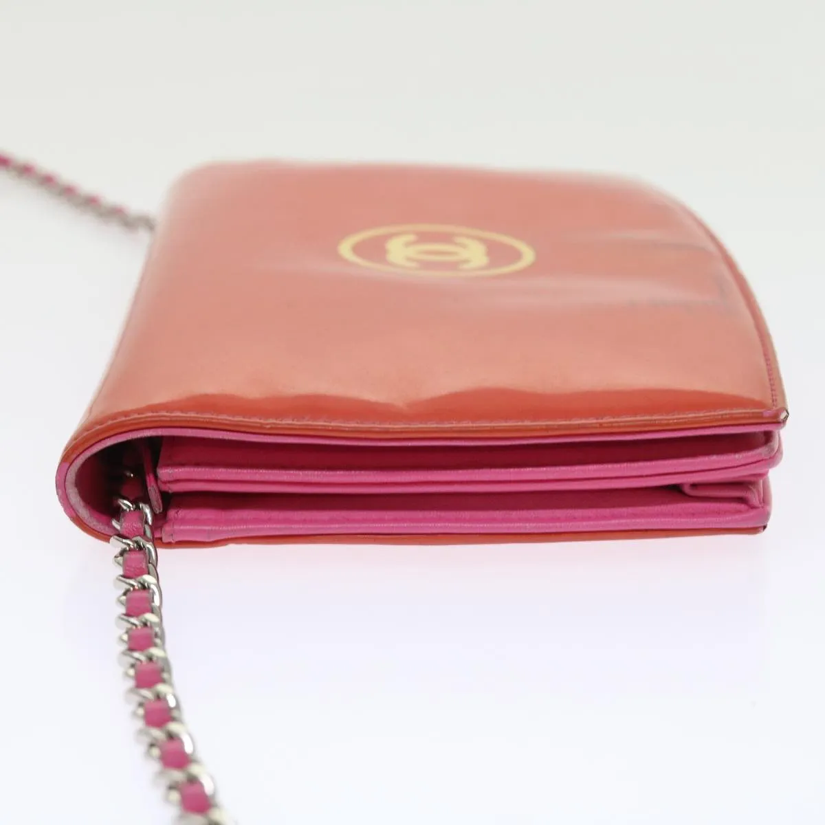 CHANEL Chain Shoulder Bag Patent leather Orange CC Auth bs8828