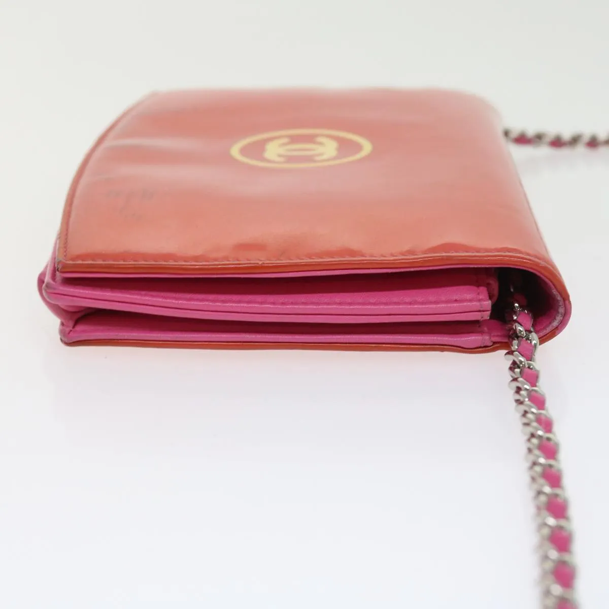 CHANEL Chain Shoulder Bag Patent leather Orange CC Auth bs8828