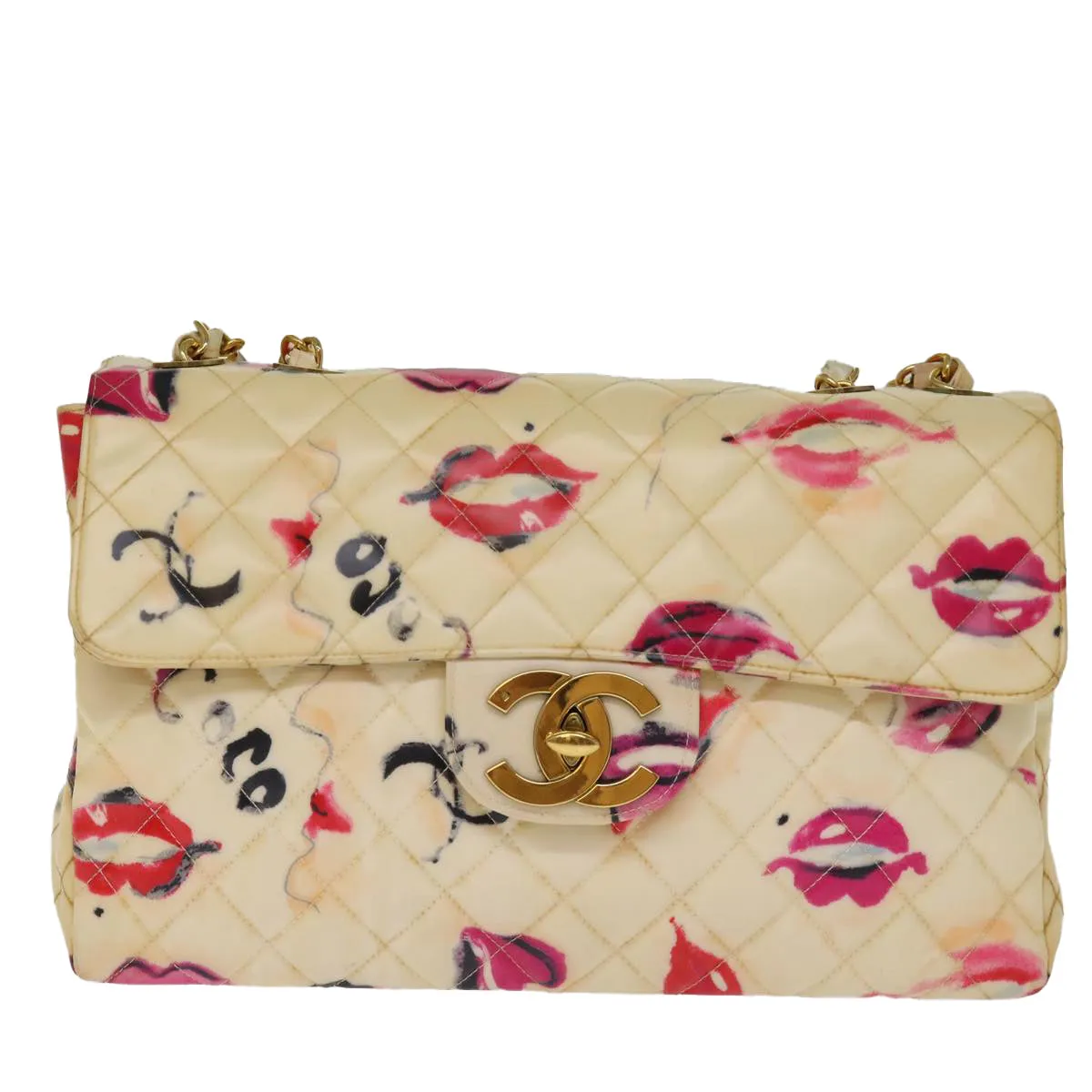 CHANEL Matelasse Chain Shoulder Bag Patent leather Cream CC Auth 74406A