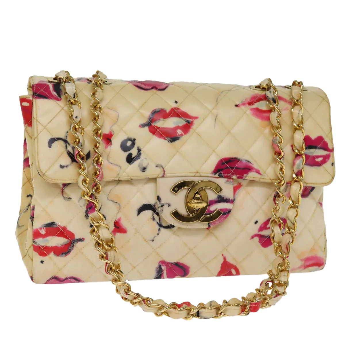 CHANEL Matelasse Chain Shoulder Bag Patent leather Cream CC Auth 74406A