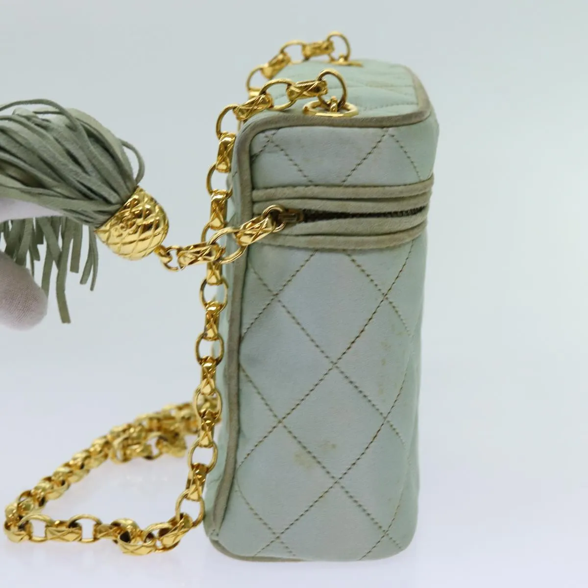 CHANEL Matelasse Chain Shoulder Bag Satin Light Blue CC Auth 70064A