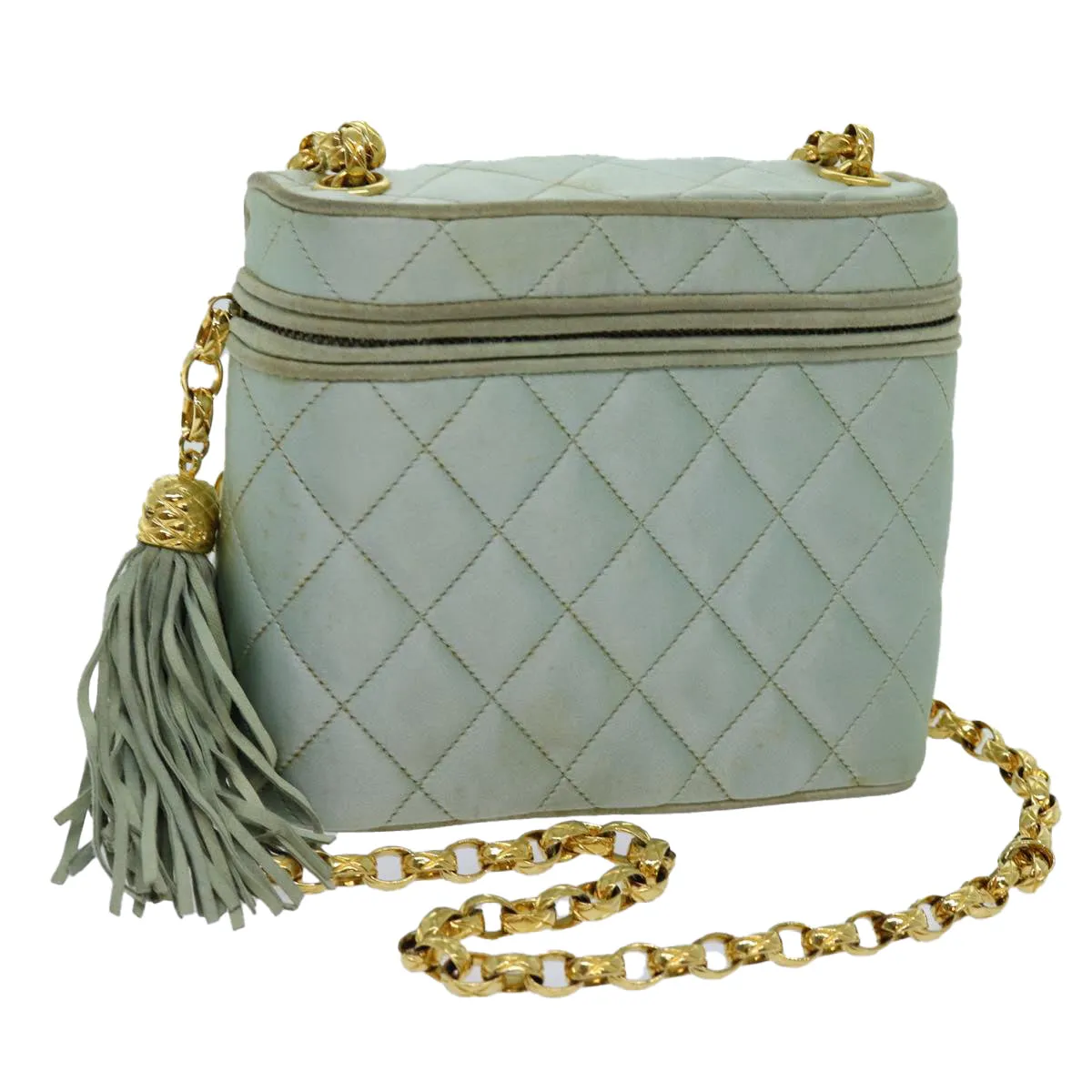 CHANEL Matelasse Chain Shoulder Bag Satin Light Blue CC Auth 70064A