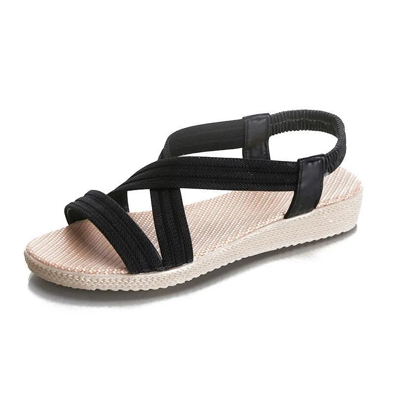 Chicvane Criss-Cross Braiding Peep-Toe Elastic Band Flat Sandals