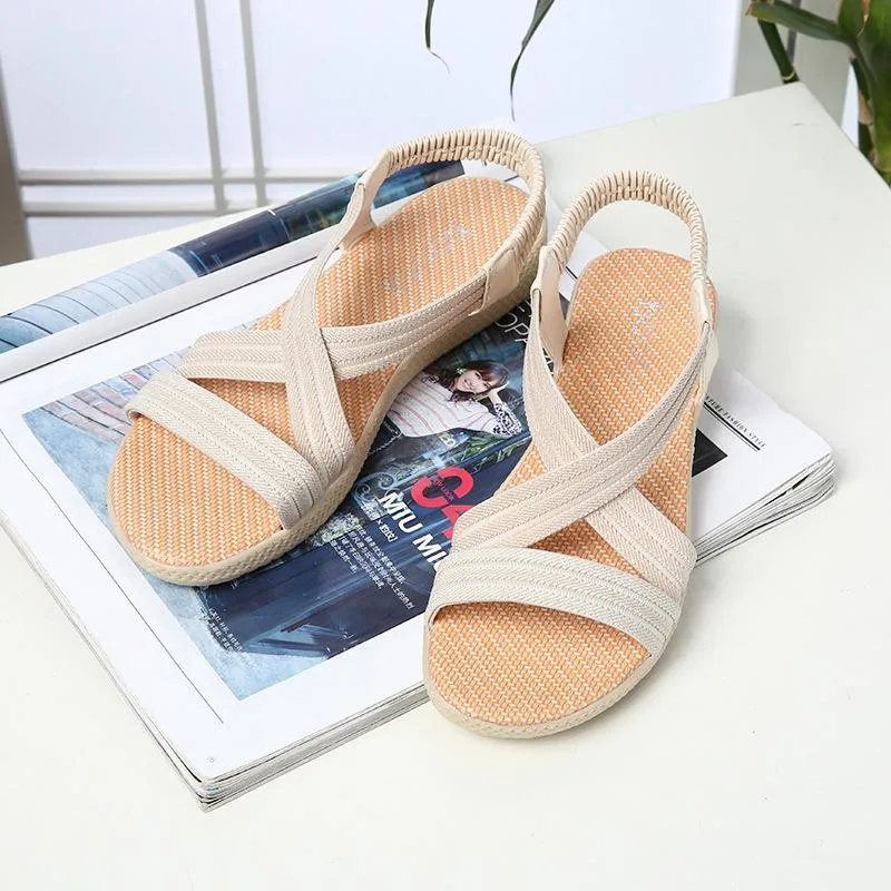 Chicvane Criss-Cross Braiding Peep-Toe Elastic Band Flat Sandals
