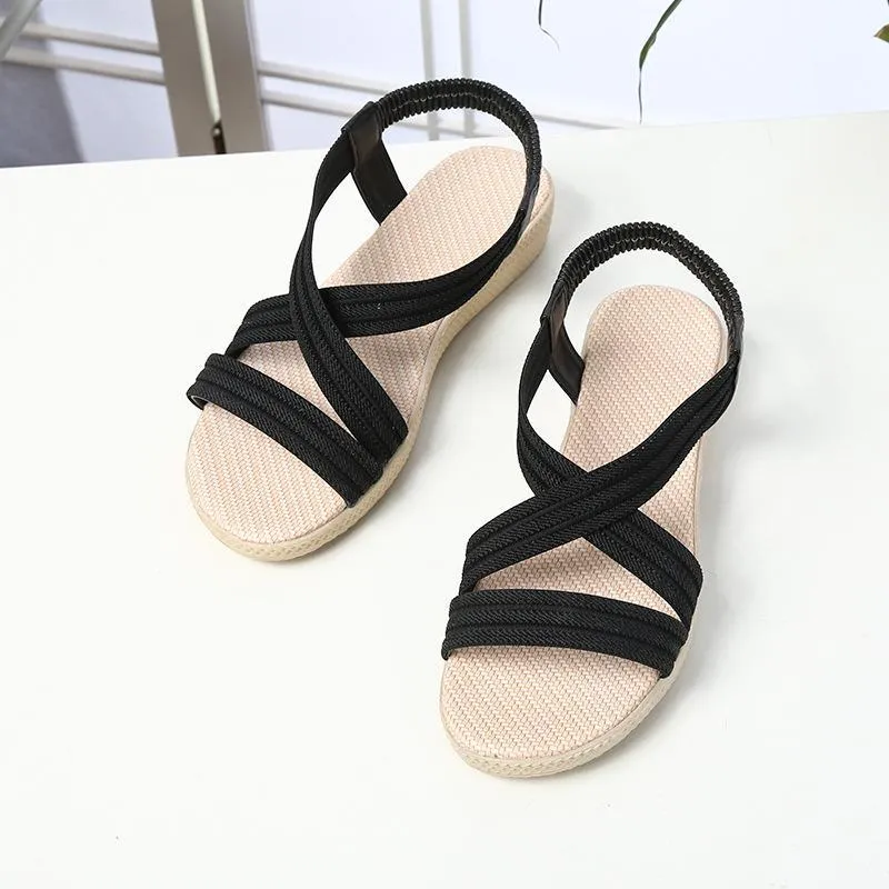 Chicvane Criss-Cross Braiding Peep-Toe Elastic Band Flat Sandals