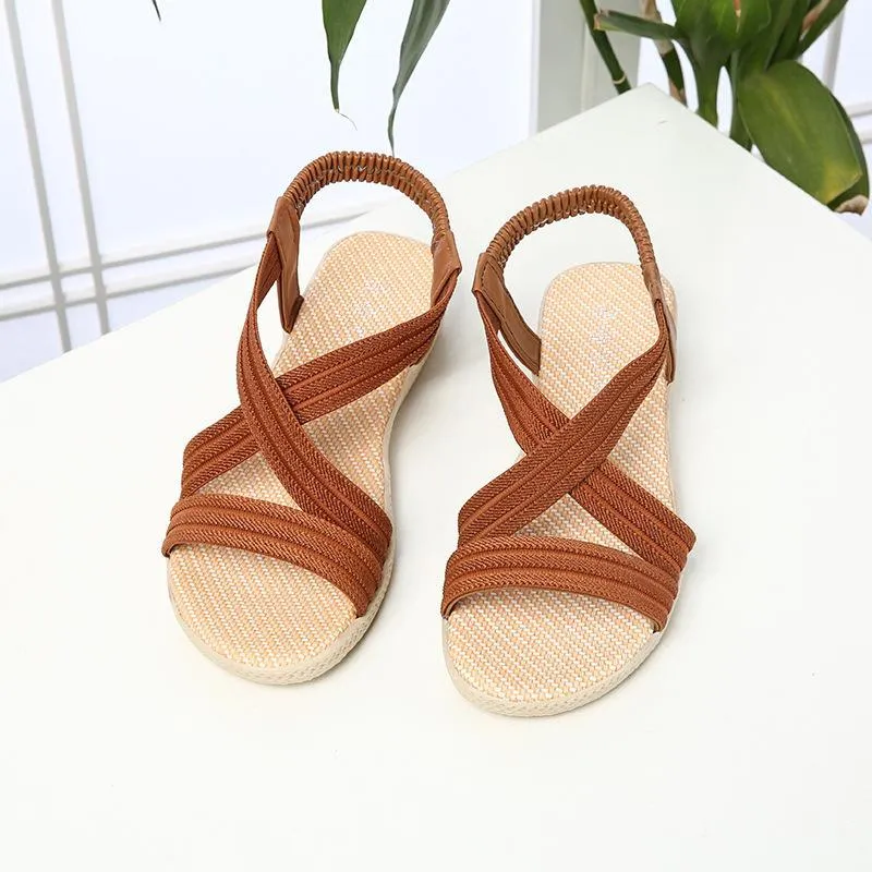 Chicvane Criss-Cross Braiding Peep-Toe Elastic Band Flat Sandals