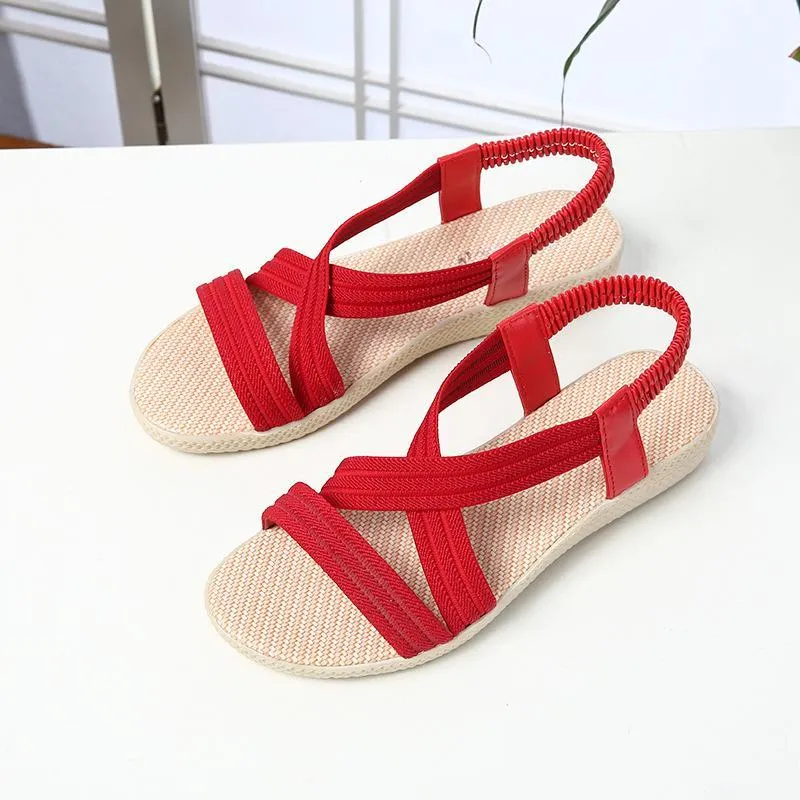 Chicvane Criss-Cross Braiding Peep-Toe Elastic Band Flat Sandals