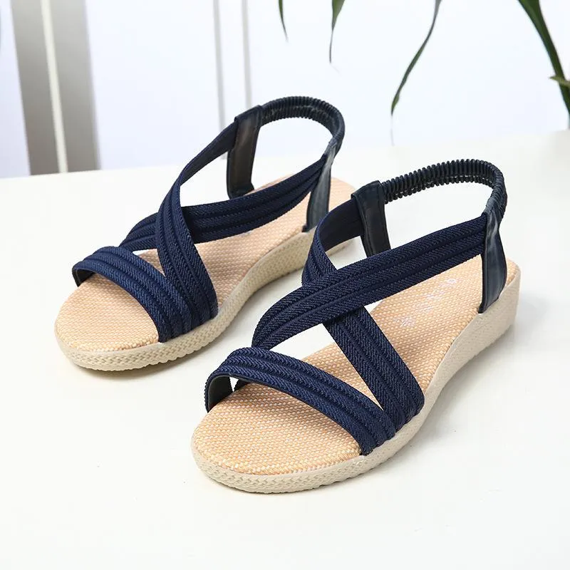 Chicvane Criss-Cross Braiding Peep-Toe Elastic Band Flat Sandals