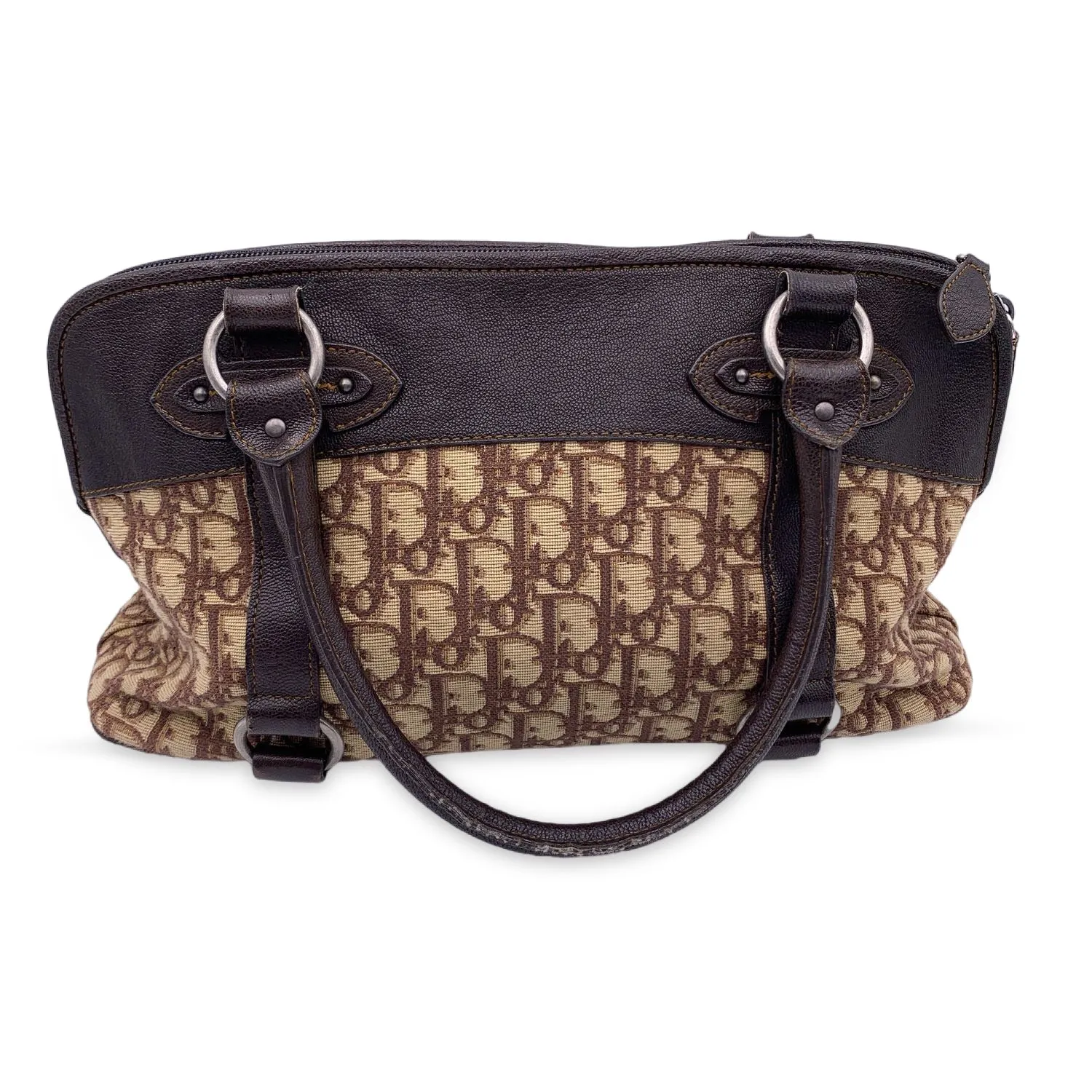 CHRISTIAN DIOR Brown Logo Oblique Canvas Satchel Shoulder Bag