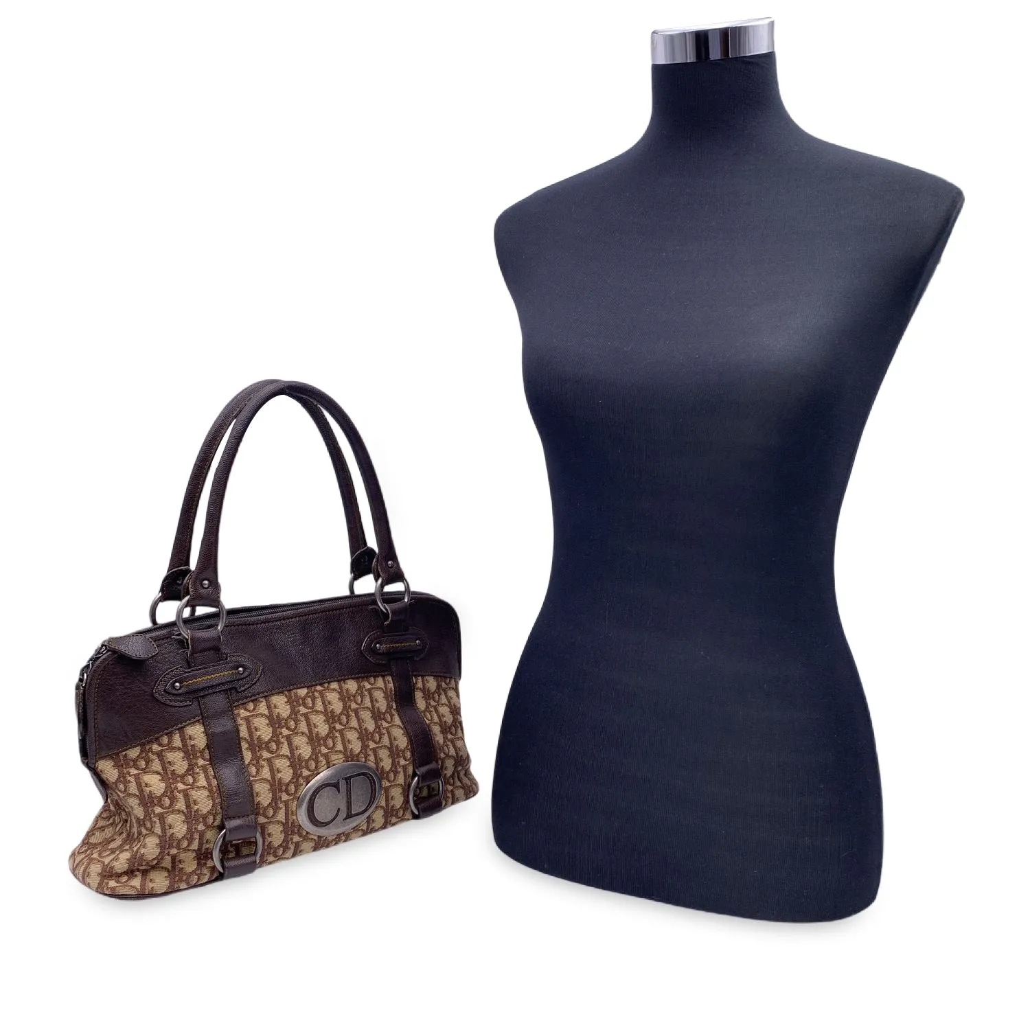 CHRISTIAN DIOR Brown Logo Oblique Canvas Satchel Shoulder Bag