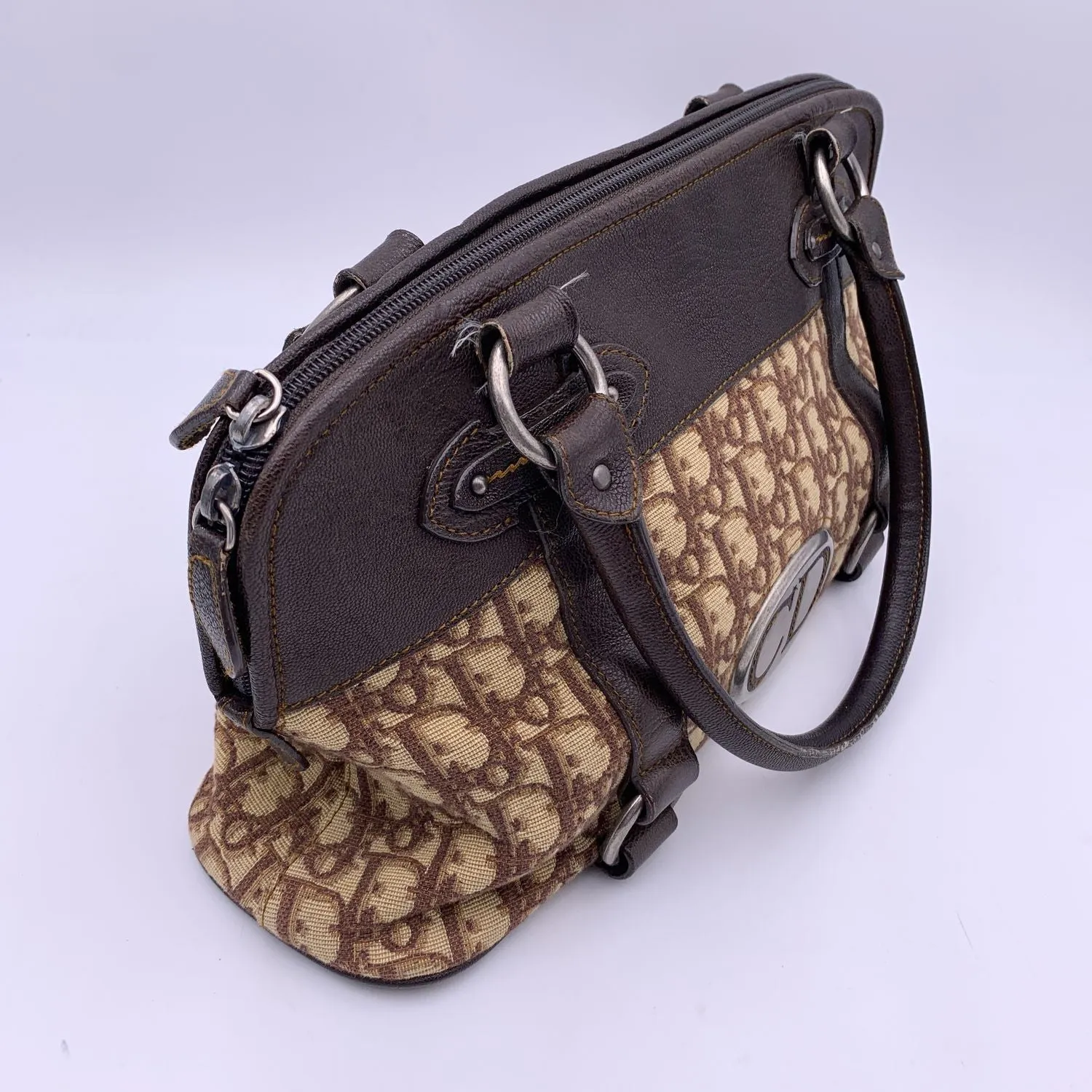 CHRISTIAN DIOR Brown Logo Oblique Canvas Satchel Shoulder Bag