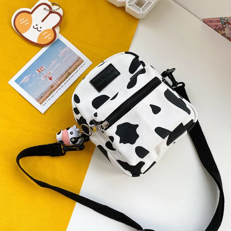 Christmas Gift Hot Sale Cow Print Small Square Bag Canvas Crossbody Bag For Women Leisure Messenger Bag Women's Shoulder Bag Mobile Phone Purse