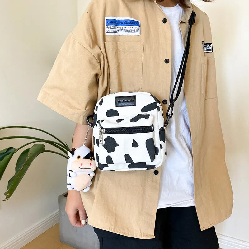 Christmas Gift Hot Sale Cow Print Small Square Bag Canvas Crossbody Bag For Women Leisure Messenger Bag Women's Shoulder Bag Mobile Phone Purse