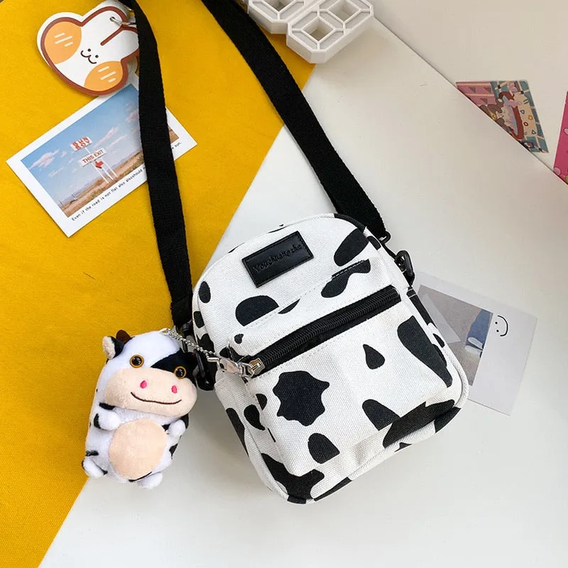 Christmas Gift Hot Sale Cow Print Small Square Bag Canvas Crossbody Bag For Women Leisure Messenger Bag Women's Shoulder Bag Mobile Phone Purse