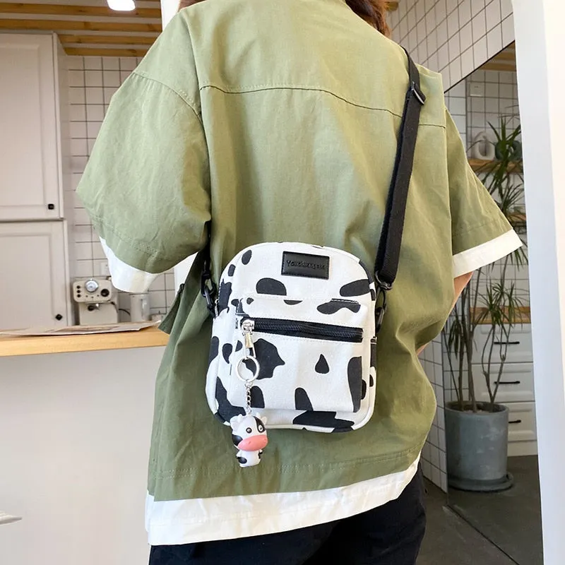 Christmas Gift Hot Sale Cow Print Small Square Bag Canvas Crossbody Bag For Women Leisure Messenger Bag Women's Shoulder Bag Mobile Phone Purse