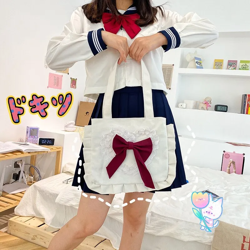 Christmas Gift Japanese Girl Shoulder Bag Cute Bow Canvas Shoulder Bag 2020 New Arrive Fashion Fungus Handbag Large Capacity Shopping Bag