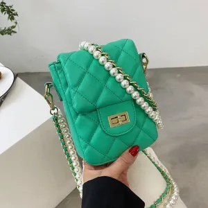 Christmas Gift Women Quilted Pearl Chain Shoulder Bags Diamond Lattice Crossbody Bags Female Small Square Messenger Bag Solid Color Handbags