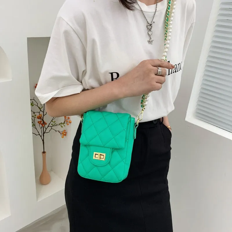 Christmas Gift Women Quilted Pearl Chain Shoulder Bags Diamond Lattice Crossbody Bags Female Small Square Messenger Bag Solid Color Handbags