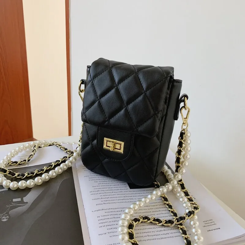 Christmas Gift Women Quilted Pearl Chain Shoulder Bags Diamond Lattice Crossbody Bags Female Small Square Messenger Bag Solid Color Handbags