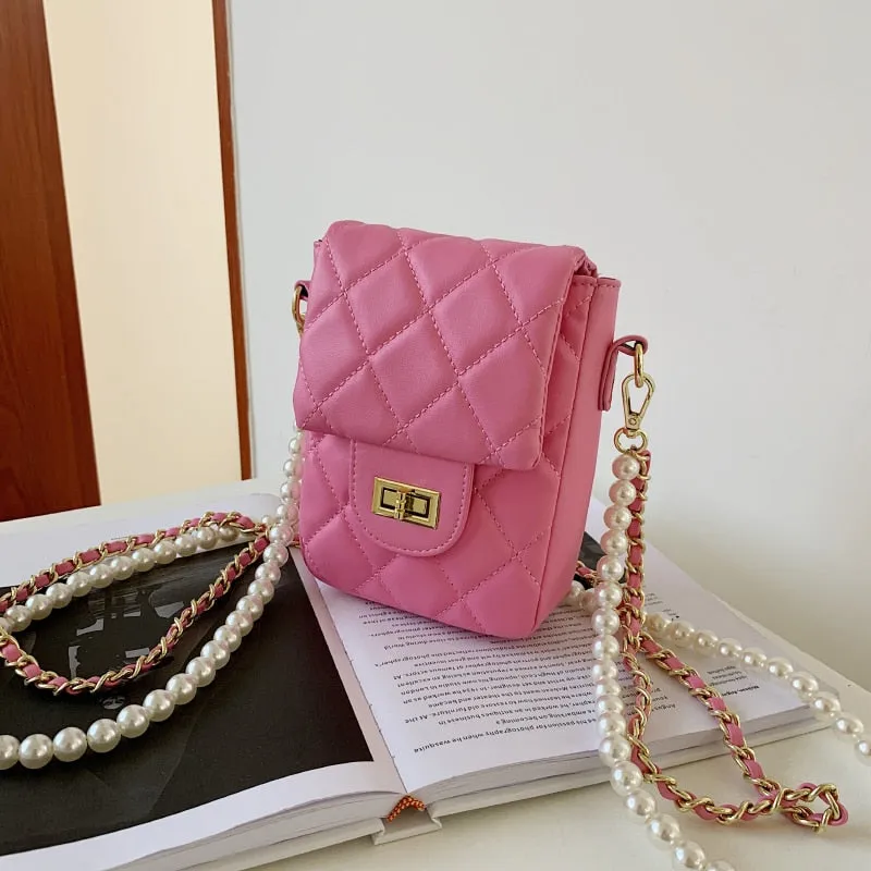 Christmas Gift Women Quilted Pearl Chain Shoulder Bags Diamond Lattice Crossbody Bags Female Small Square Messenger Bag Solid Color Handbags