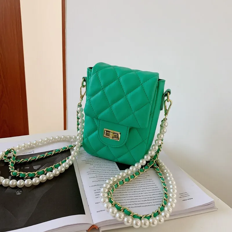 Christmas Gift Women Quilted Pearl Chain Shoulder Bags Diamond Lattice Crossbody Bags Female Small Square Messenger Bag Solid Color Handbags